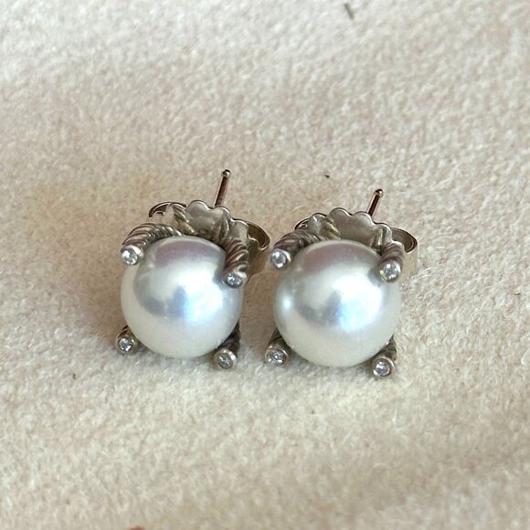 David Yurman Cable Pearl & Diamond Stud Earrings – Sterling Silver - Picture 1 of 11